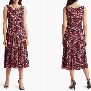 Connected Apparel Pink Floral Sleeveless Pleated Waist Midi Dress Size 14 EUC